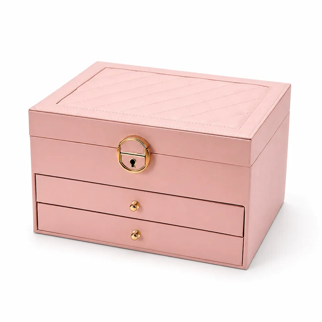 Lockable Quilted PU Leather Multi-Tier Jewelry Box with Trays