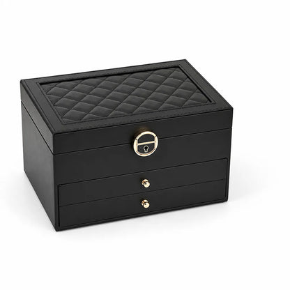 Lockable Quilted PU Leather Multi-Tier Jewelry Box with Trays