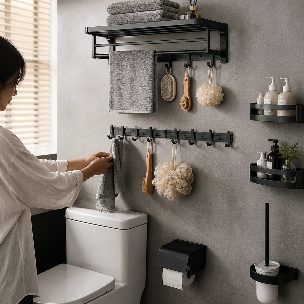 Matte Black Metal Wall-Mounted Bathroom Accessory Set