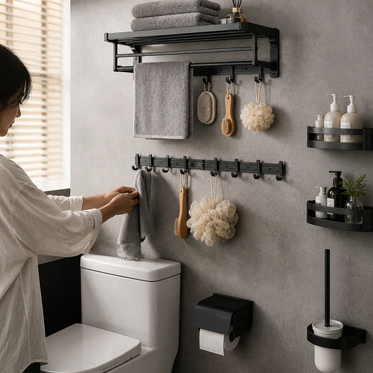Matte Black Metal Wall-Mounted Bathroom Accessory Set