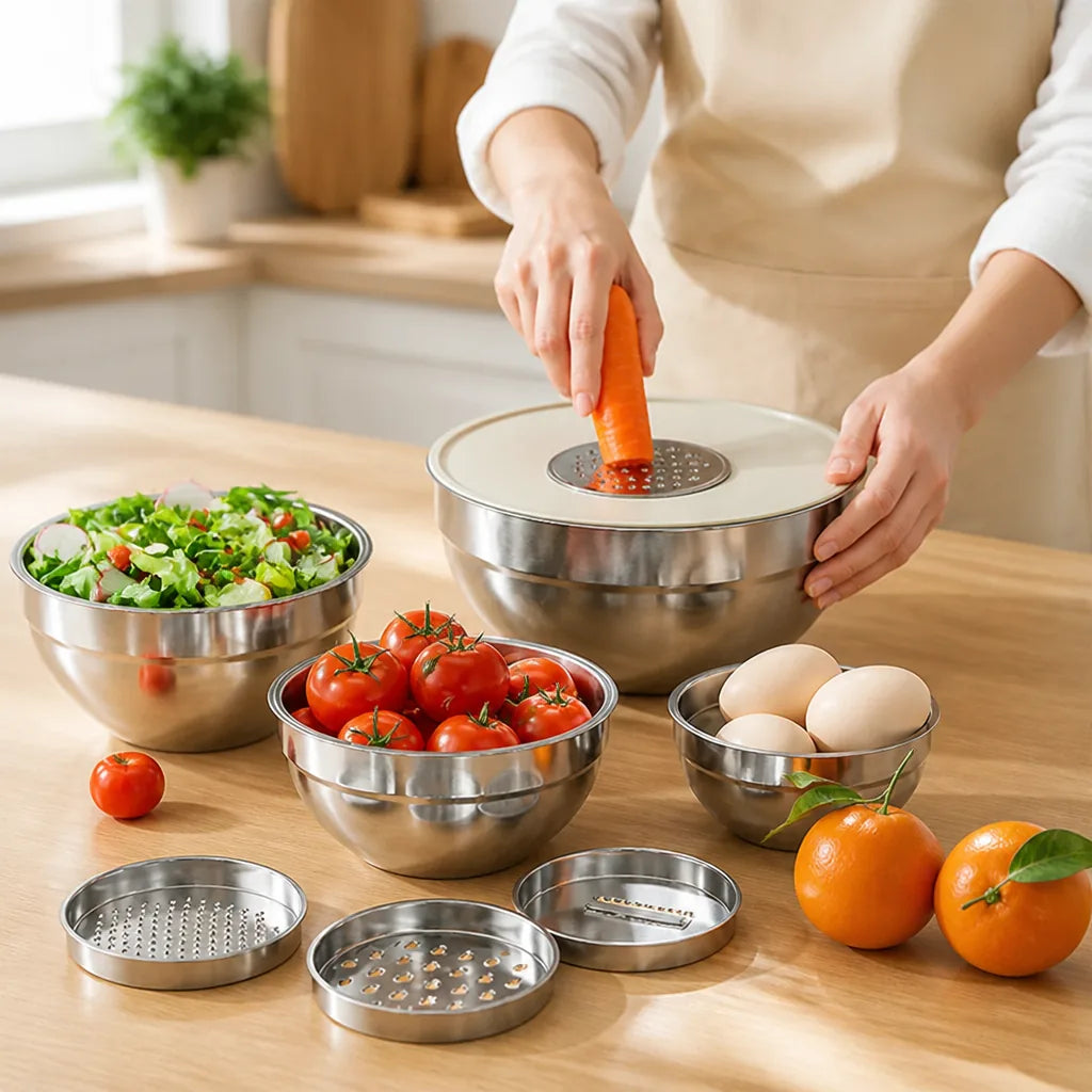 Mixing Bowl Set 6-Piece Stainless Steel Nesting Grating Attachments