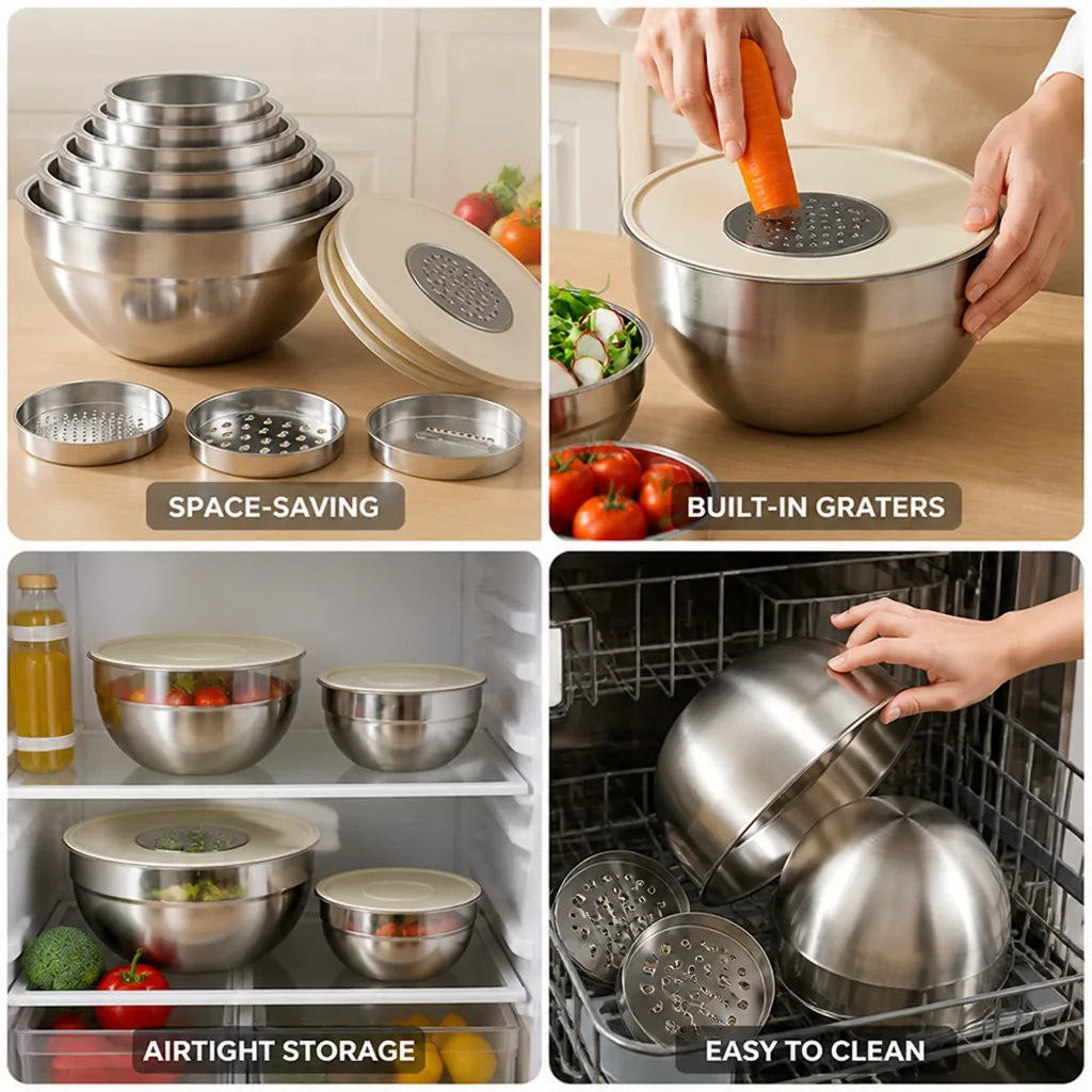 Mixing Bowl Set 6-Piece Stainless Steel Nesting Grating Attachments