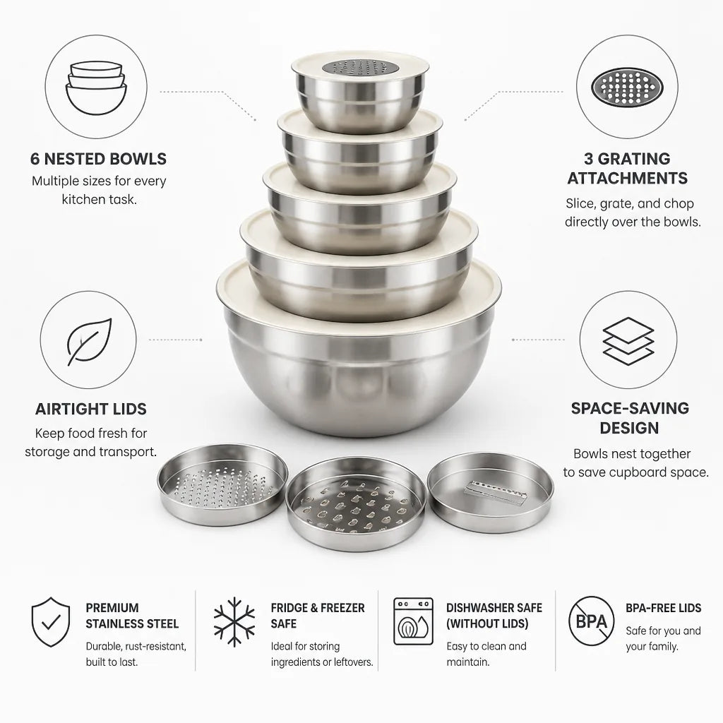 Mixing Bowl Set 6-Piece Stainless Steel Nesting Grating Attachments