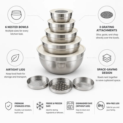 Mixing Bowl Set 6-Piece Stainless Steel Nesting Grating Attachments