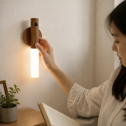 Motion Sensor Lamp USB Rechargeable Warm LED Wood Base