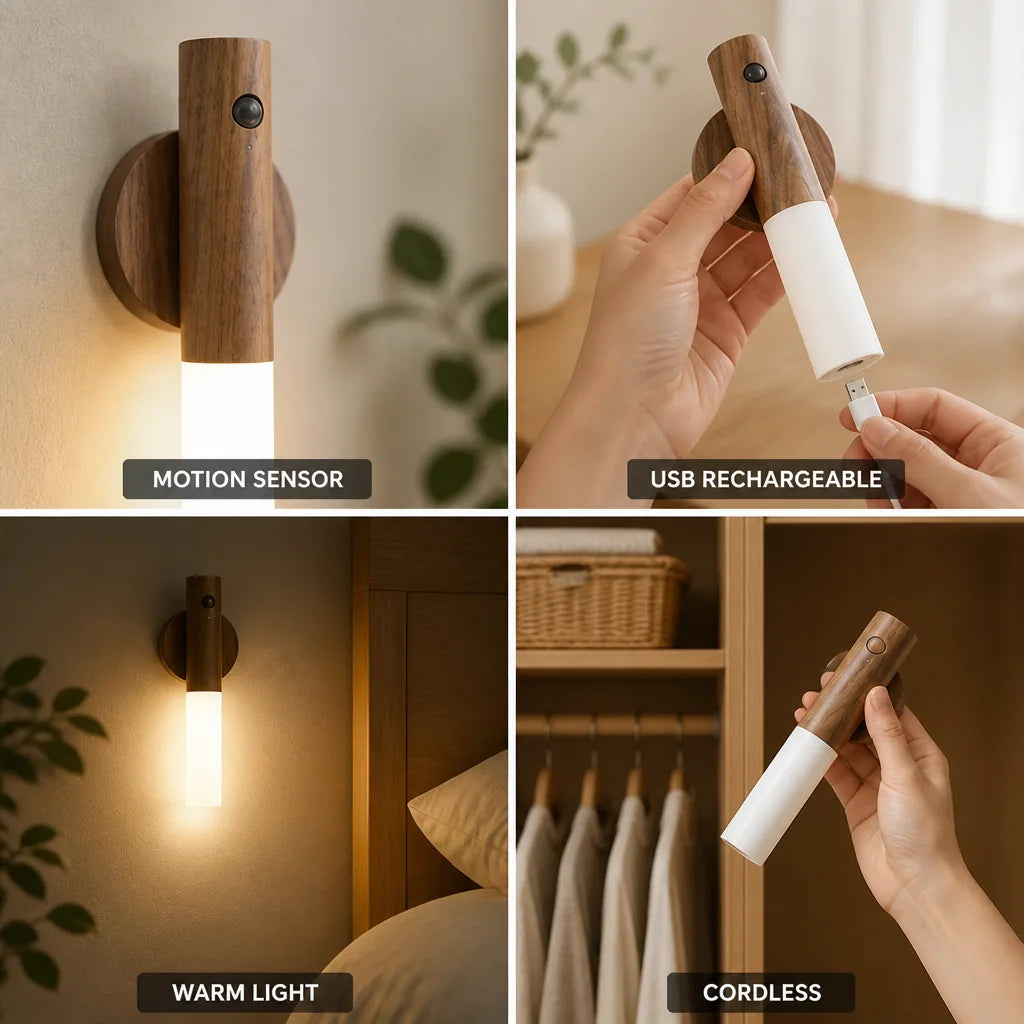 Motion Sensor Lamp USB Rechargeable Warm LED Wood Base