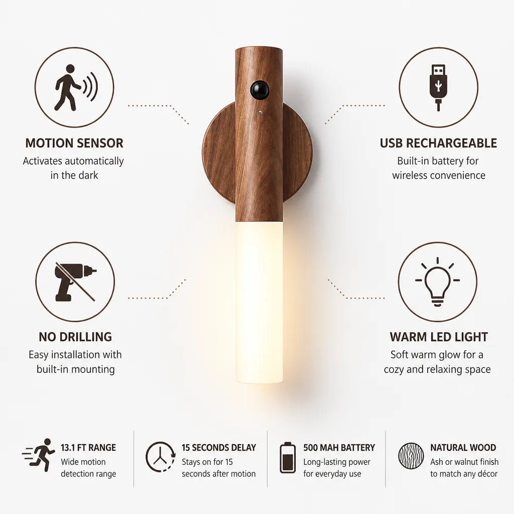 Motion Sensor Lamp USB Rechargeable Warm LED Wood Base
