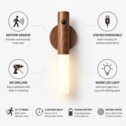 Motion Sensor Lamp USB Rechargeable Warm LED Wood Base