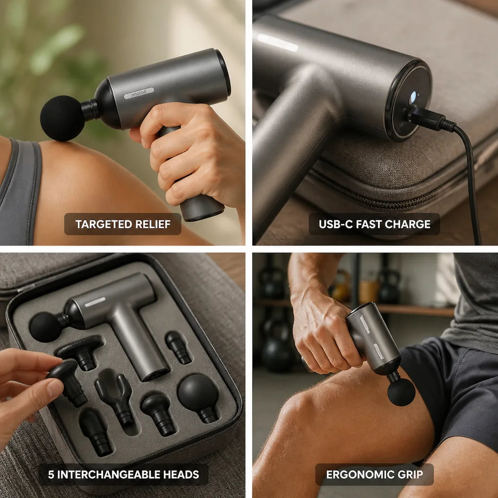 Muscle Massager T-Shaped Ergonomic USB-C Rechargeable Interchangeable Heads