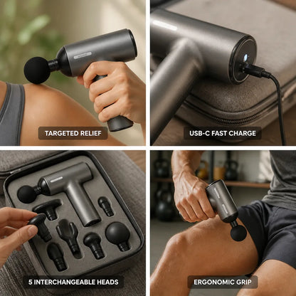 Muscle Massager T-Shaped Ergonomic USB-C Rechargeable Interchangeable Heads