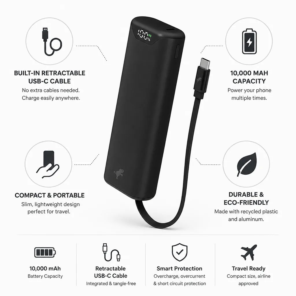 Power Bank 10,000 mAh Compact Retractable USB-C