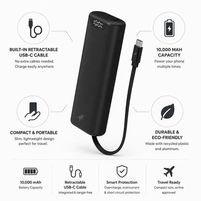 Power Bank 10,000 mAh Compact Retractable USB-C