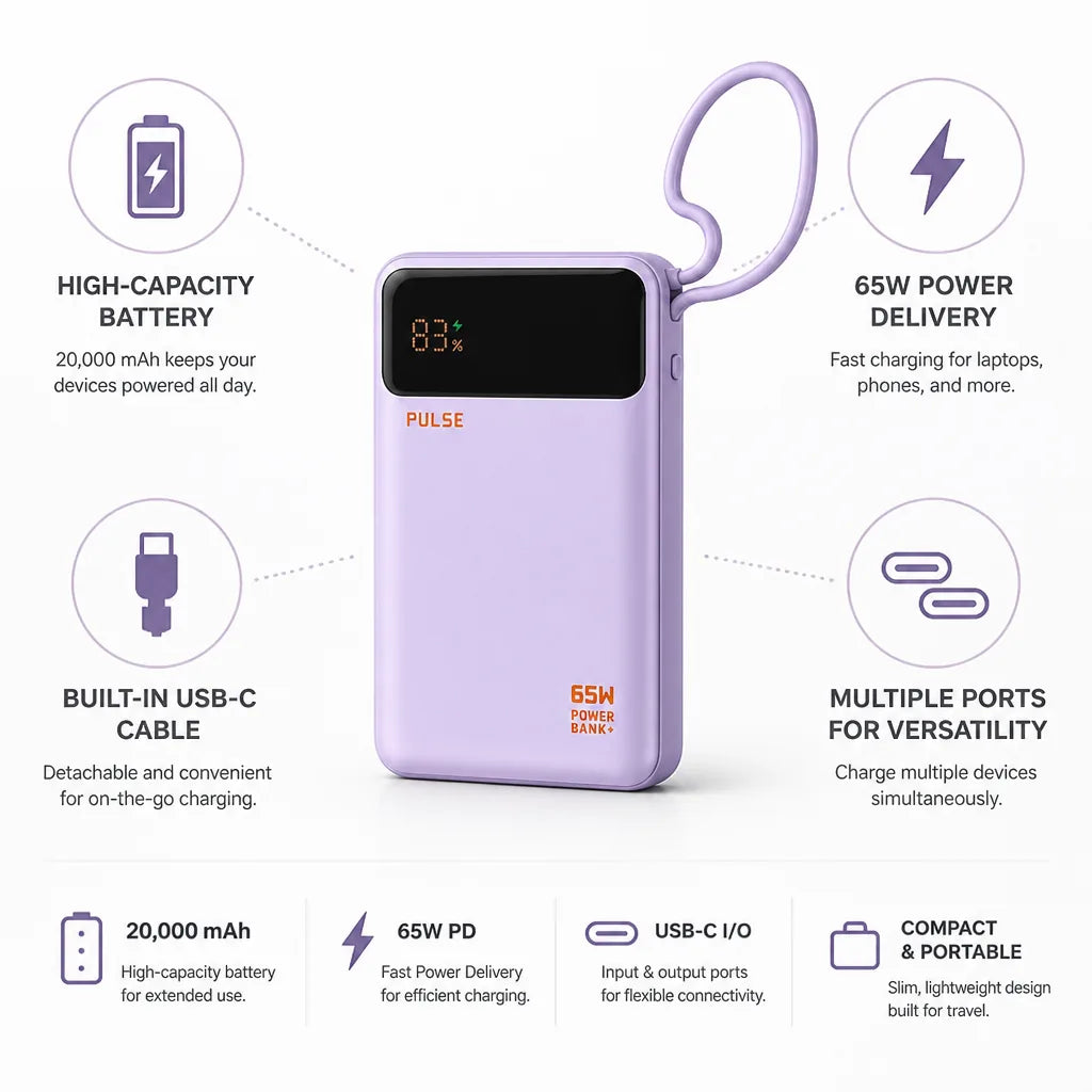 Power Bank 20,000 mAh 65W Power Delivery Built-In USB-C Cable