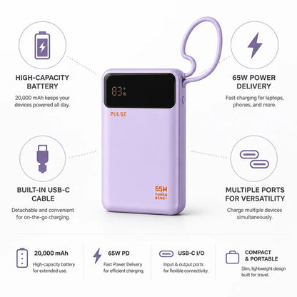 Power Bank 20,000 mAh 65W Power Delivery Built-In USB-C Cable