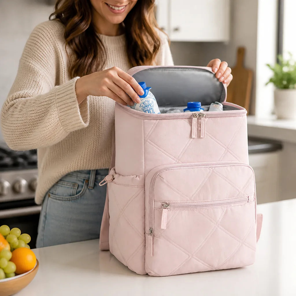 Quilted Backpack Water-Repellent Fabric Padded Straps Multiple Pockets