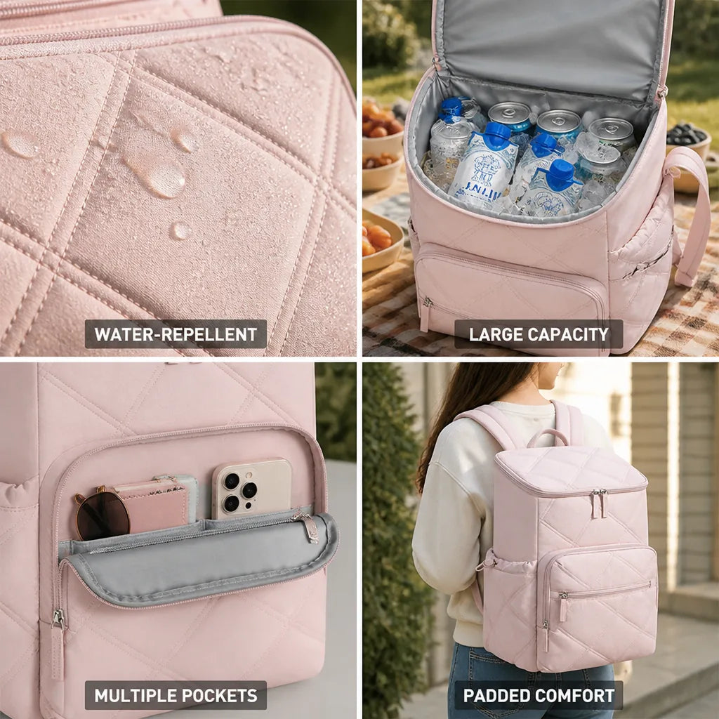 Quilted Backpack Water-Repellent Fabric Padded Straps Multiple Pockets