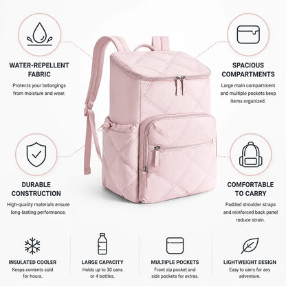 Quilted Backpack Water-Repellent Fabric Padded Straps Multiple Pockets