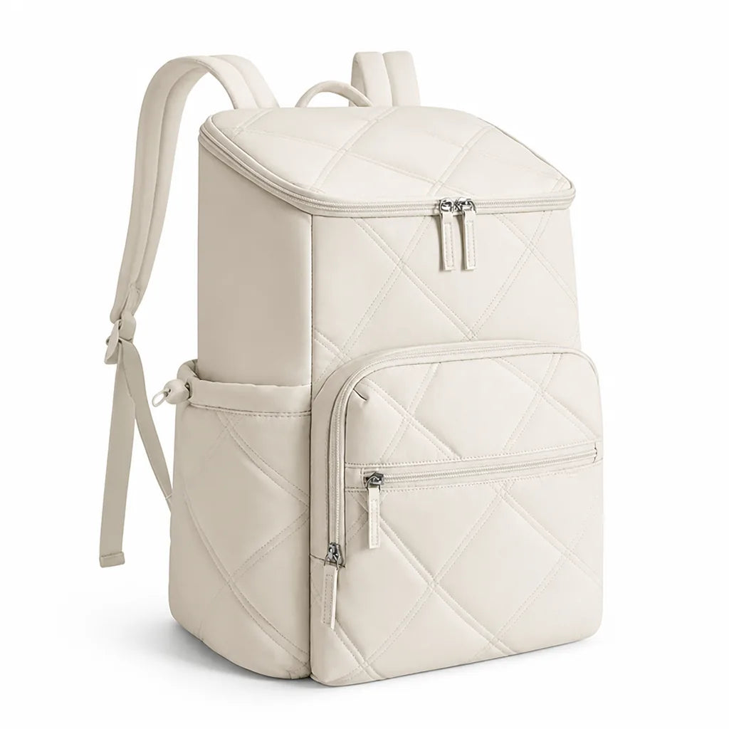 Quilted Backpack Water-Repellent Fabric Padded Straps Multiple Pockets