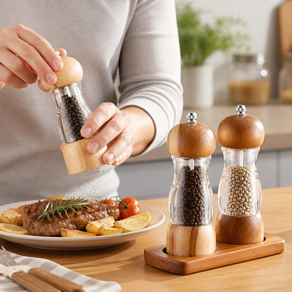 Salt & Pepper Mill Set Clear Glass Refillable