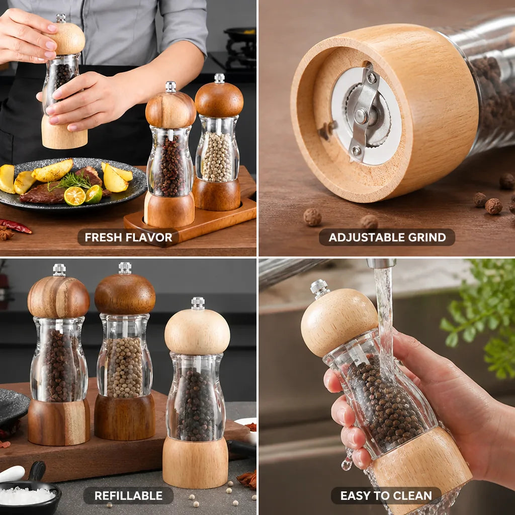 Salt & Pepper Mill Set Clear Glass Refillable