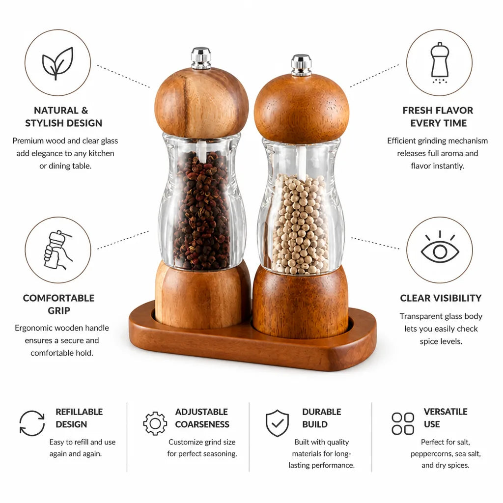 Salt & Pepper Mill Set Clear Glass Refillable
