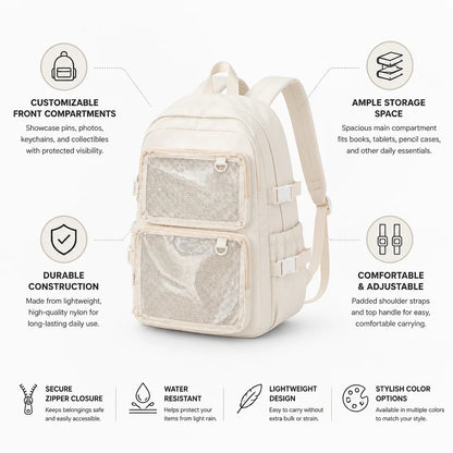 School Backpack Transparent Front Display Multiple Pockets