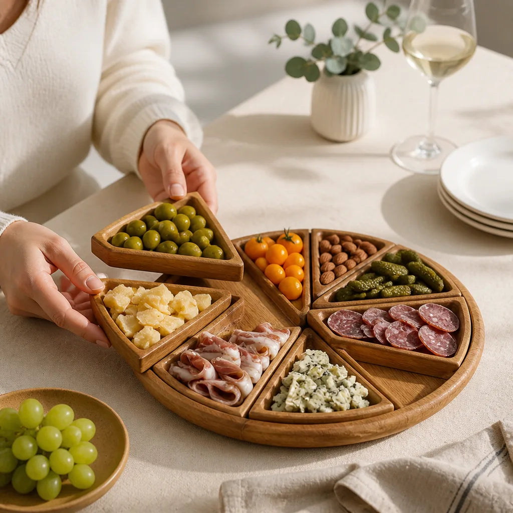 Serving Tray Round Premium Wood Removable Compartments