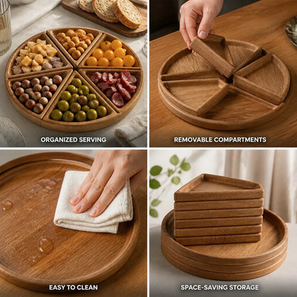 Serving Tray Round Premium Wood Removable Compartments