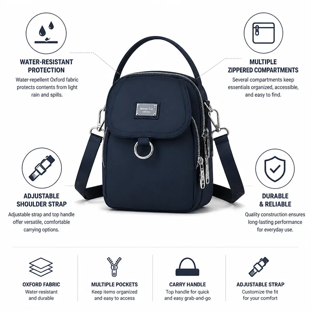Shoulder Bag Water-Resistant Oxford Multi-Zip Pockets & Adjustable Strap
