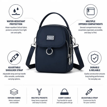 Shoulder Bag Water-Resistant Oxford Multi-Zip Pockets & Adjustable Strap