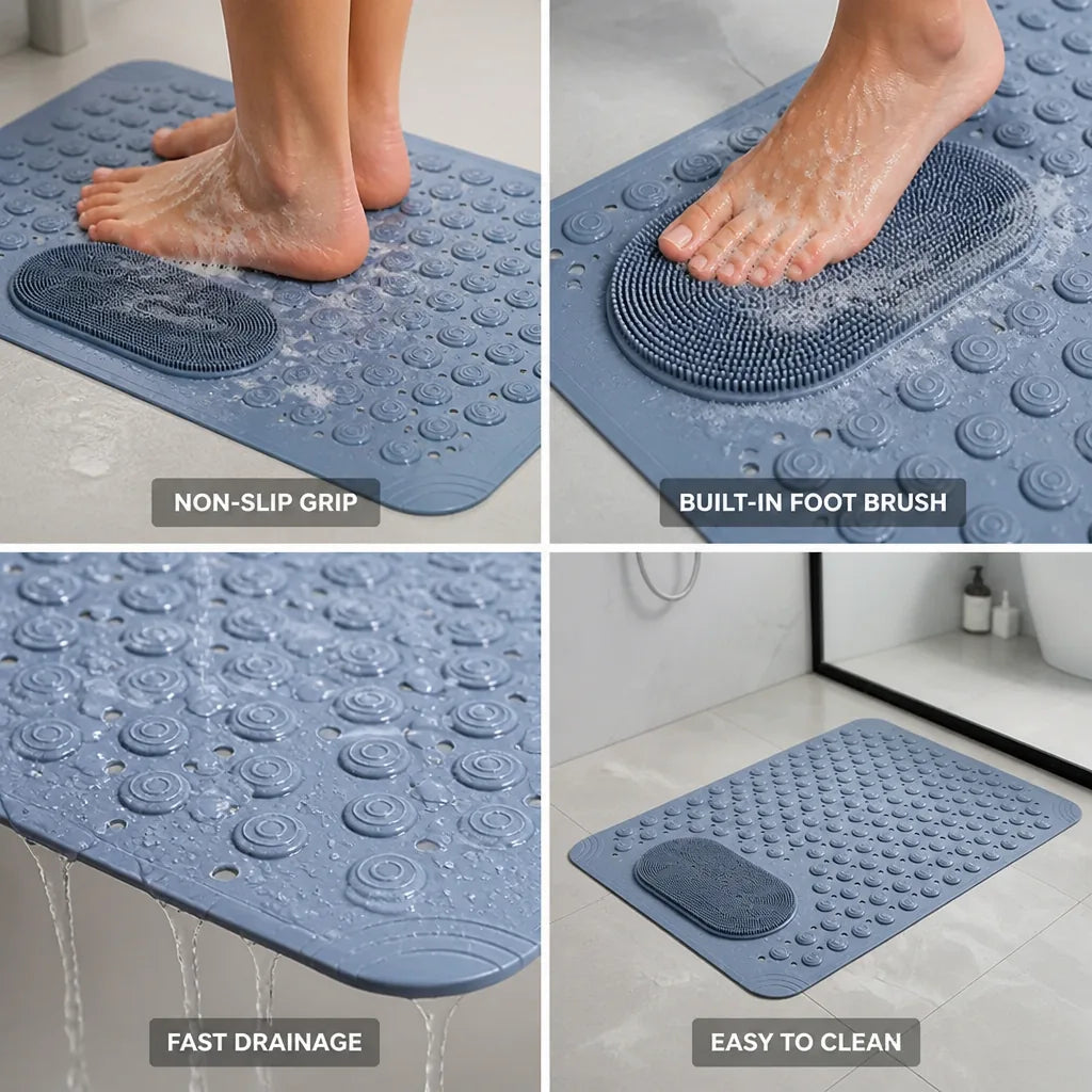 Shower Mat Non-Slip Suction Cups Integrated Foot Brush