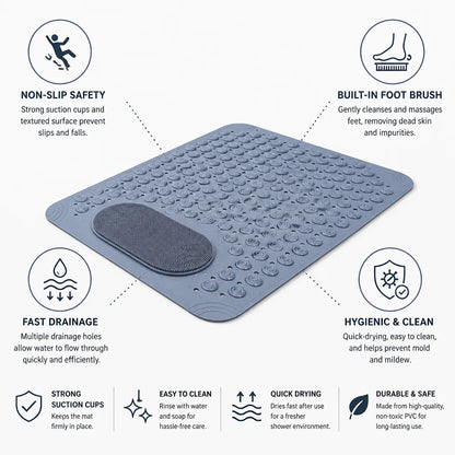 Shower Mat Non-Slip Suction Cups Integrated Foot Brush