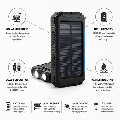 Solar Power Bank 500,000 mAh Dual USB LED Light