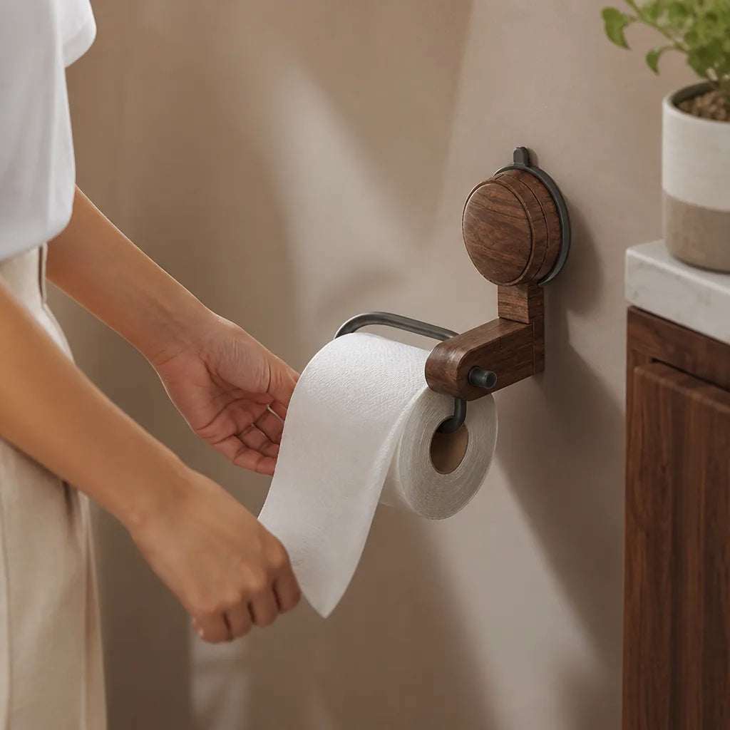 Solid Walnut Water-Resistant Drill-Free Suction Mount Toilet Paper Holder