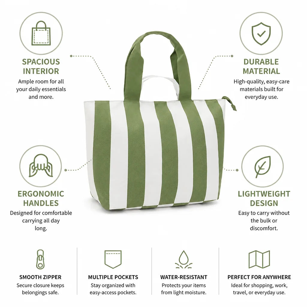Tote Bag Striped Spacious Ergonomic Handles