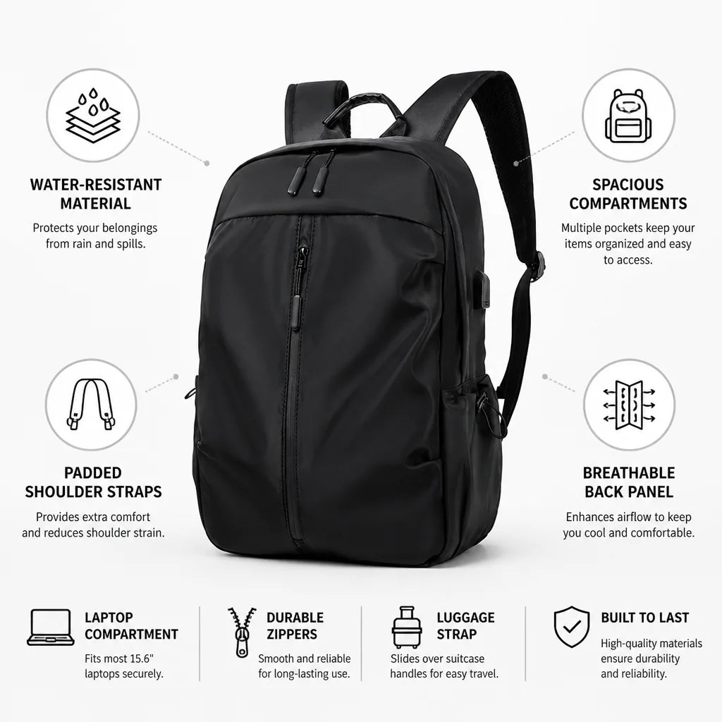 Travel Backpack Water-Resistant Padded Shoulder Straps & Spacious Compartments