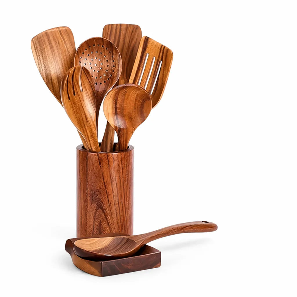 Utensil Set Solid Teak 9-Piece Holder & Spoon Rest