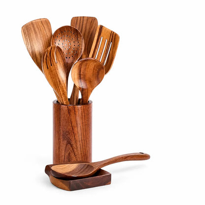 Utensil Set Solid Teak 9-Piece Holder & Spoon Rest