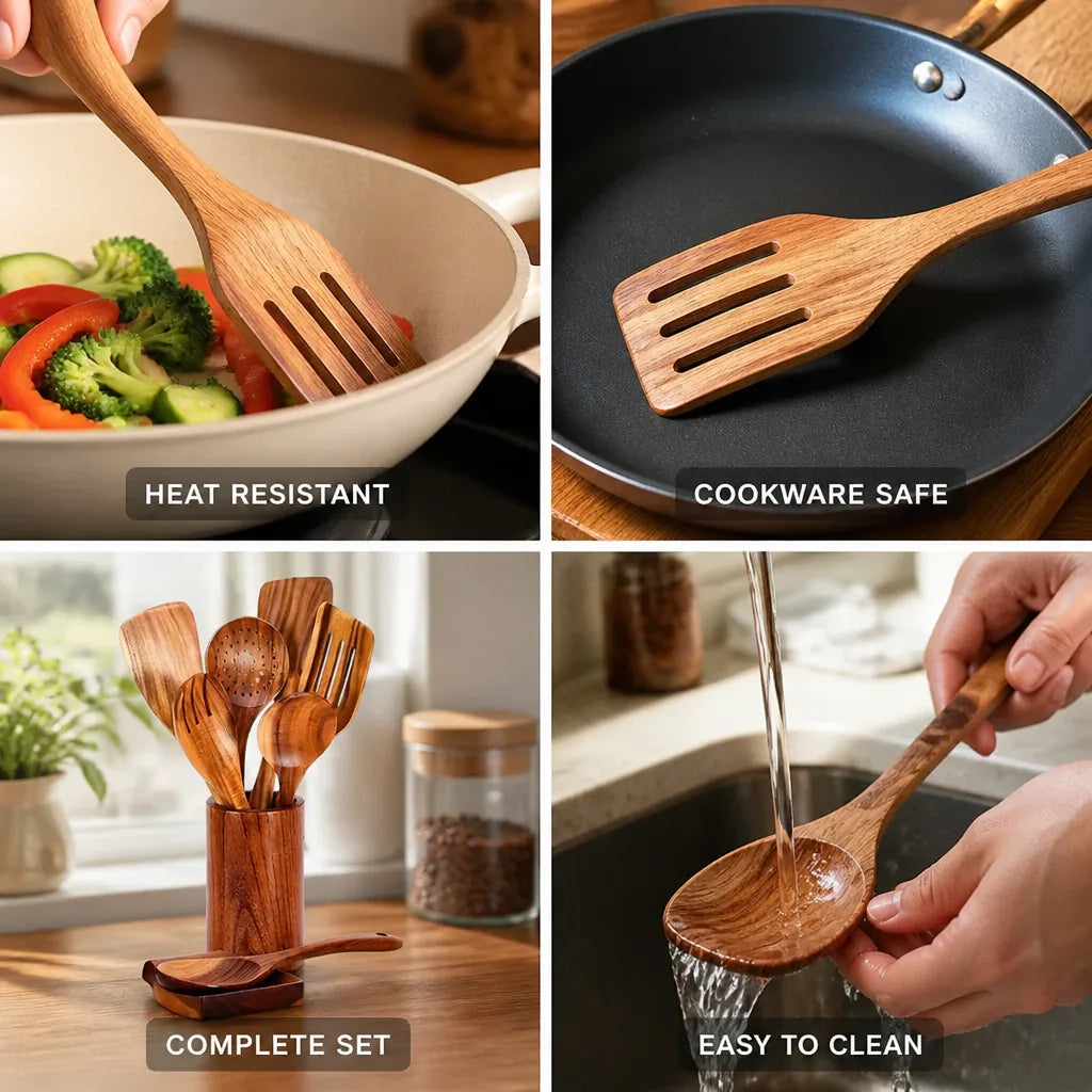 Utensil Set Solid Teak 9-Piece Holder & Spoon Rest