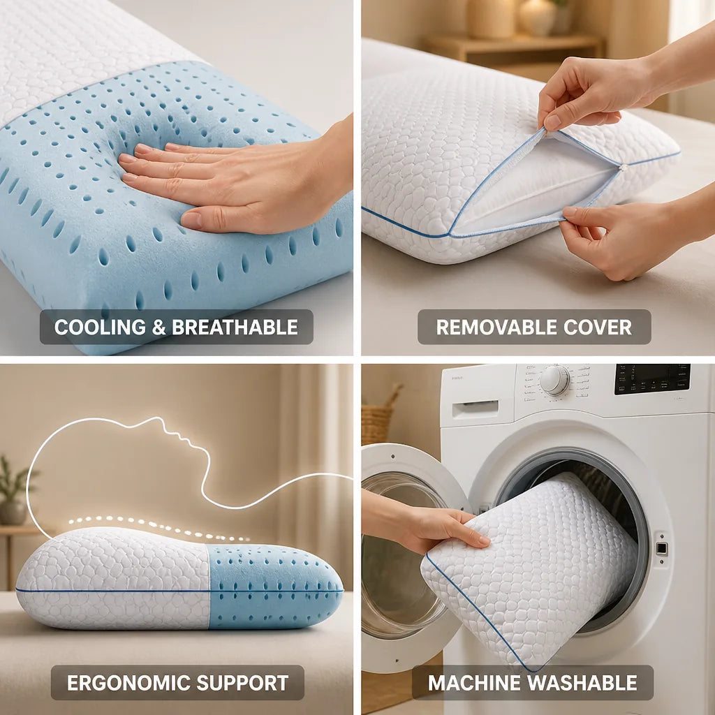 Ventilated Cooling Gel Memory Foam Neck Pillow (Machine-Washable Cover)