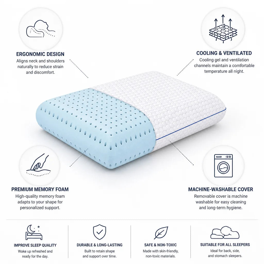 Ventilated Cooling Gel Memory Foam Neck Pillow (Machine-Washable Cover)