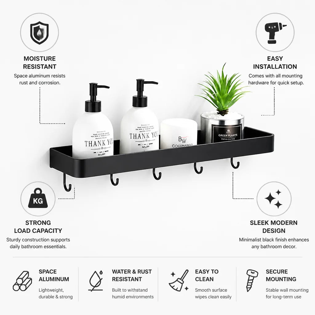 Wall-Mounted Bathroom Rack Black Moisture-Resistant Aluminum