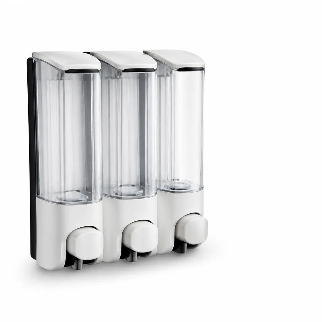 Wall-Mounted Shower Dispenser with Transparent Reservoir (3-Chamber)