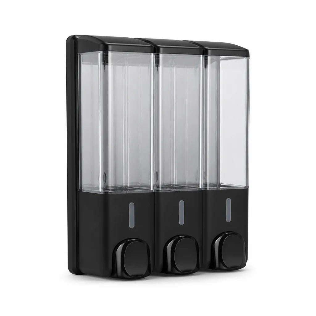 Wall-Mounted Shower Dispenser with Transparent Reservoir (3-Chamber)
