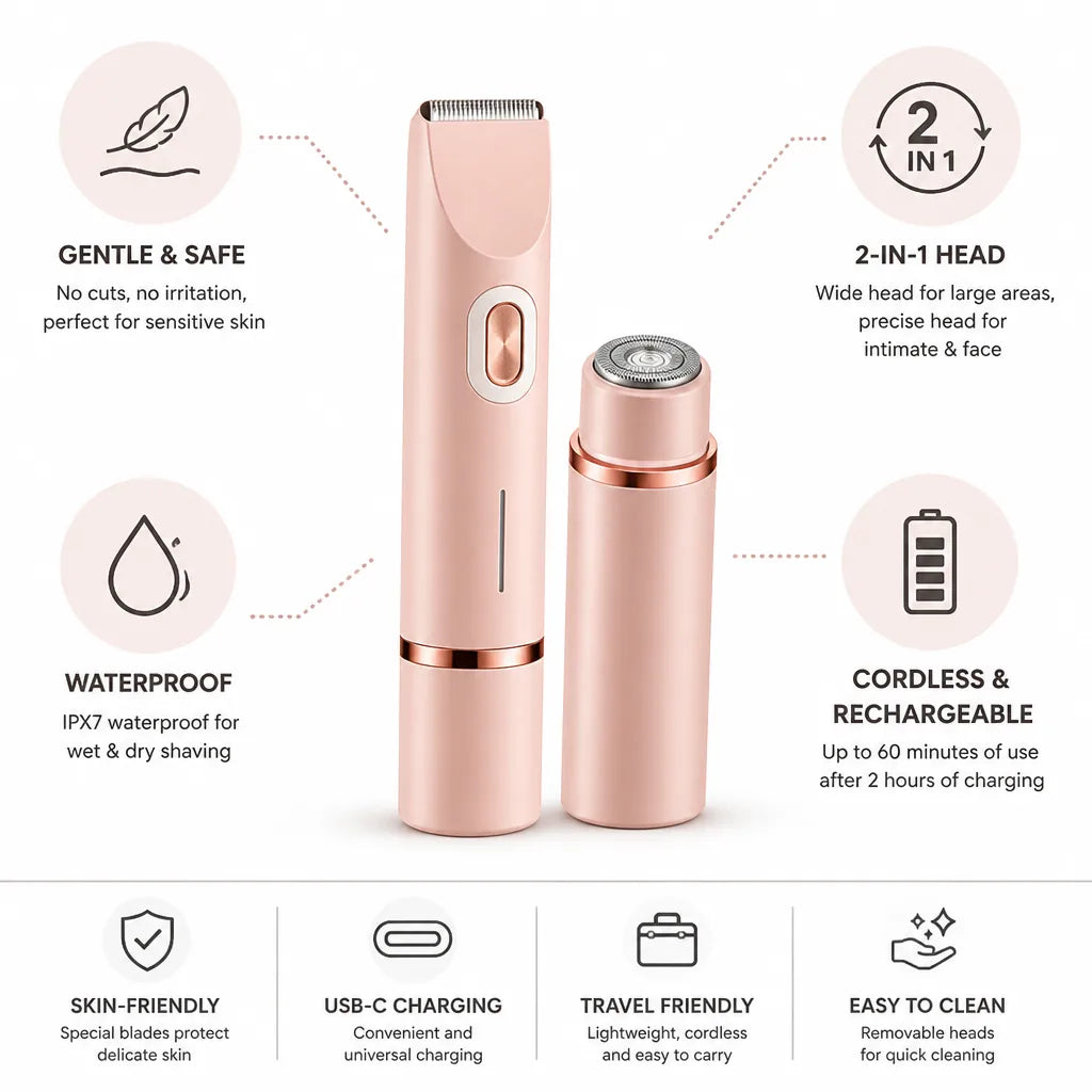 Waterproof Cordless Intimate Shaver (2-In-1 Head)