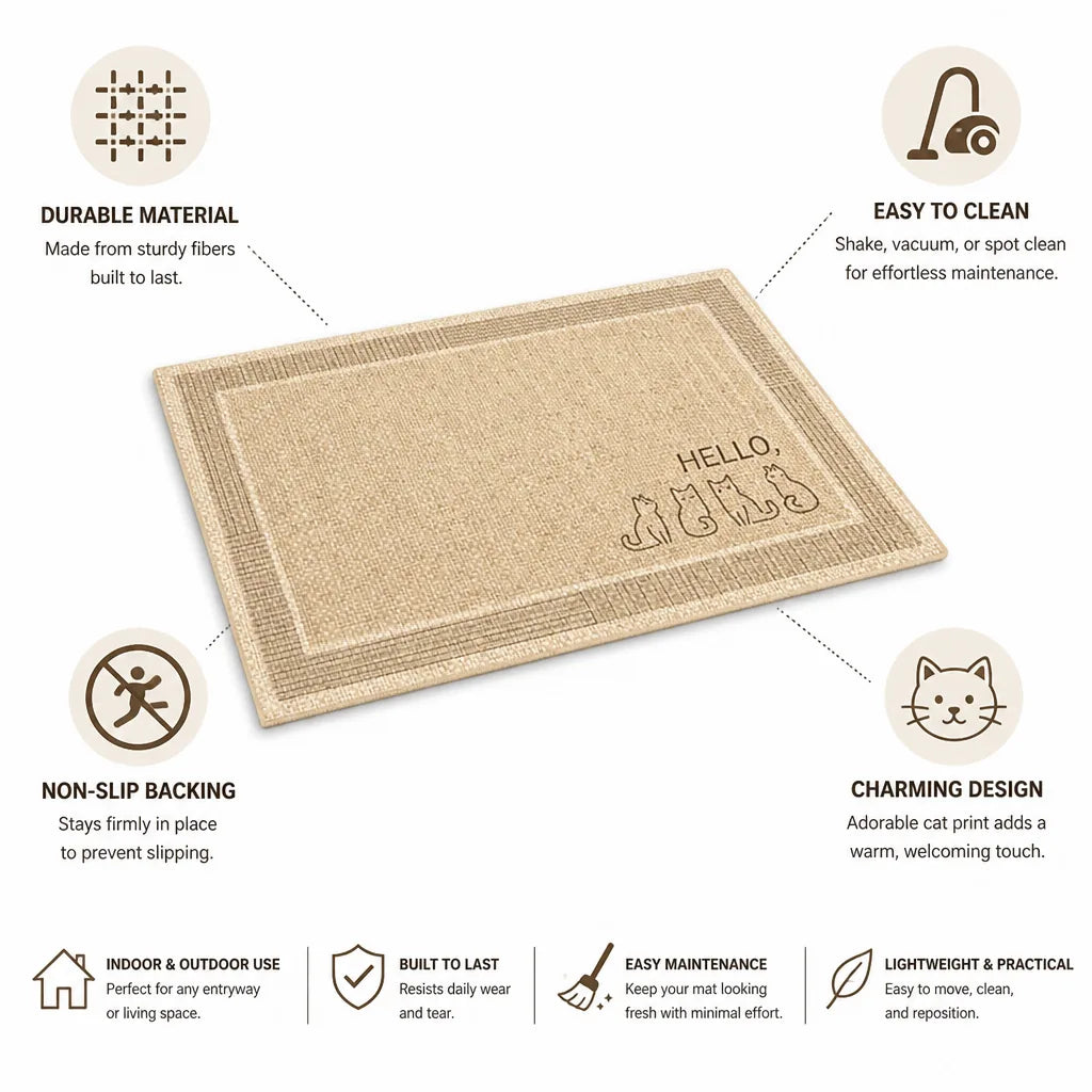 Welcome Mat Cat Print Non-Slip Linen Texture