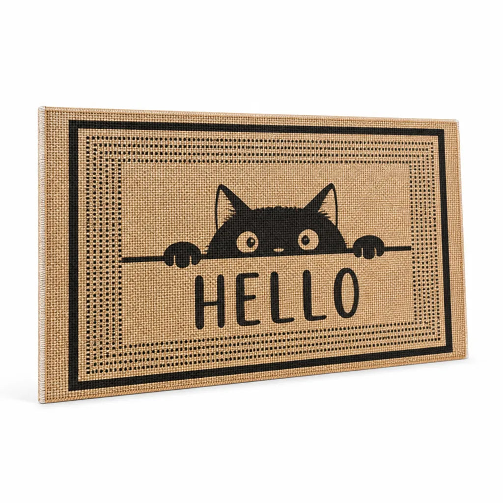 Welcome Mat Cat Print Non-Slip Linen Texture