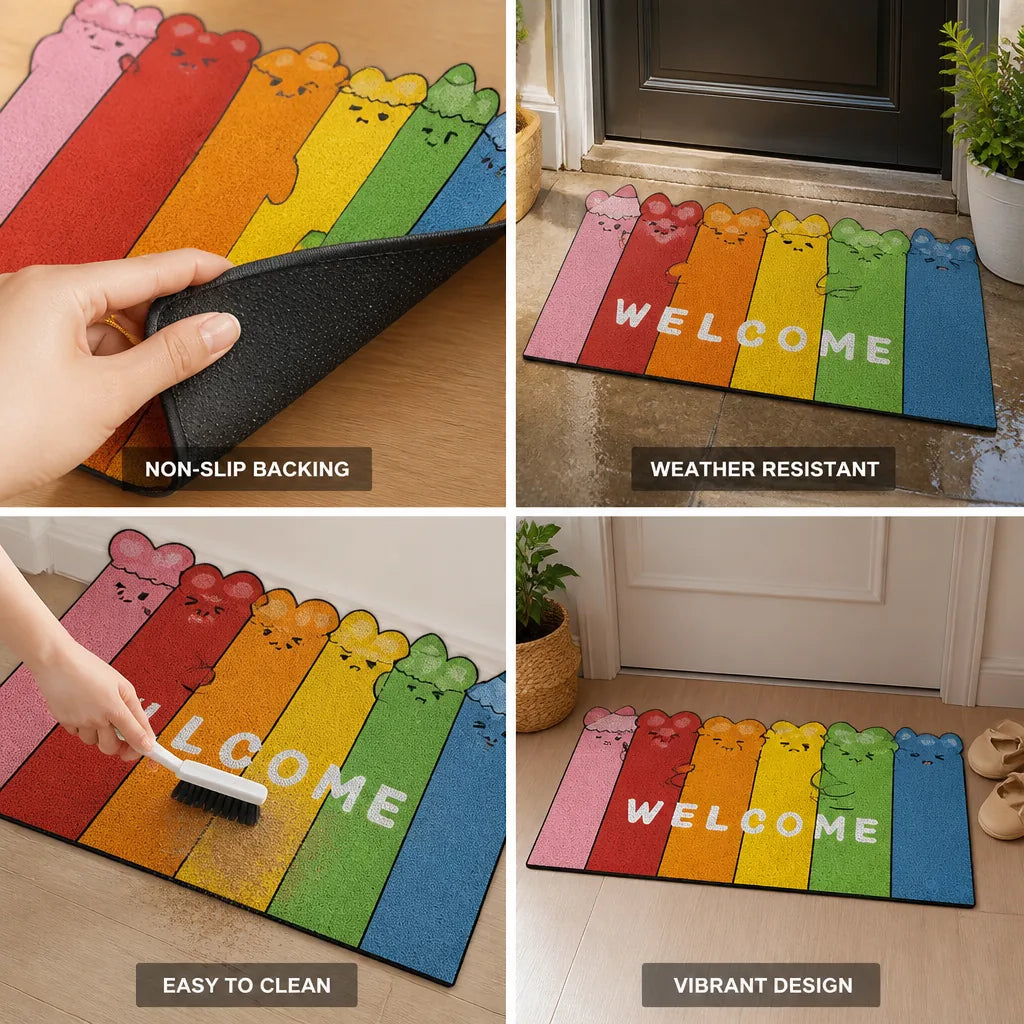 Welcome Mat Playful Cartoon Cat Non-Slip & Weather-Resistant
