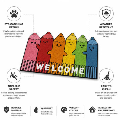 Welcome Mat Playful Cartoon Cat Non-Slip & Weather-Resistant