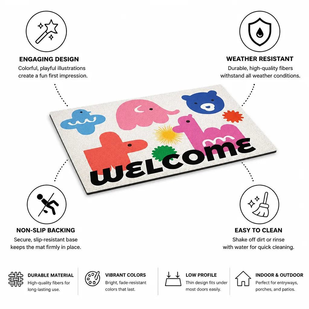Welcome Mat Playful Illustrated Weather-Resistant & Non-Slip Backing